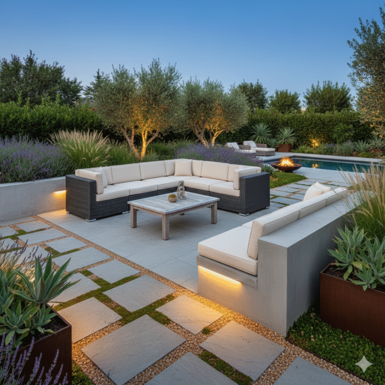 Modern gestaltete Terrasse mit großformatigen Natursteinplatten, integrierter Sitzmauer und professioneller Gartenbeleuchtung als hochwertige Terrassengestaltung in Ebermannstadt von BELLA FLORA GmbH.