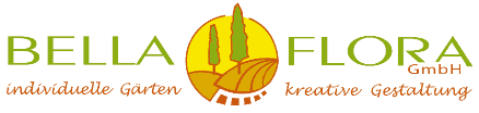 Logo der BELLA FLORA GmbH mit Schriftzug und grafischem Gartenmotiv als Markenelement für professionellen Garten- und Landschaftsbau in Eggolsheim von BELLA FLORA GmbH.