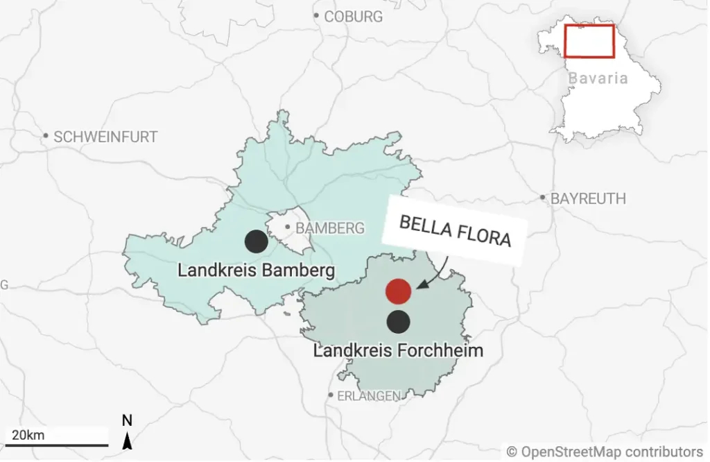 Karte des Einsatzgebiets von BELLA FLORA GmbH mit markierten Landkreisen Bamberg und Forchheim als Übersicht zur regionalen Garten- und Landschaftsbau-Leistung in Buckenhofen von BELLA FLORA GmbH.