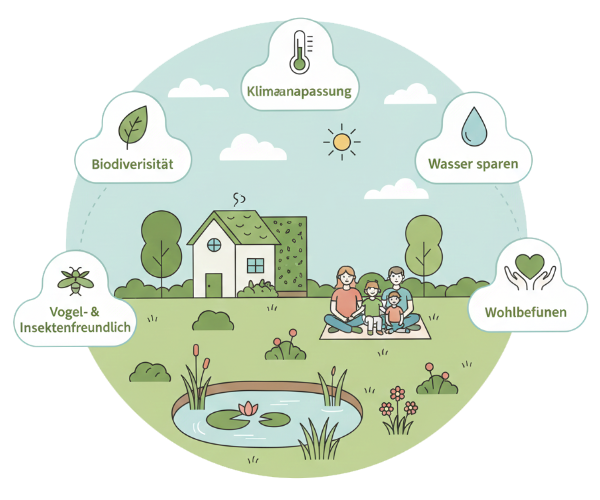 Grafische Illustration eines klimaangepassten, naturnahen Gartens mit Teich, Familie und biodiverser Bepflanzung zur nachhaltigen Gartengestaltung im Garten- und Landschaftsbau in Wiesenttal von BELLA FLORA GmbH.