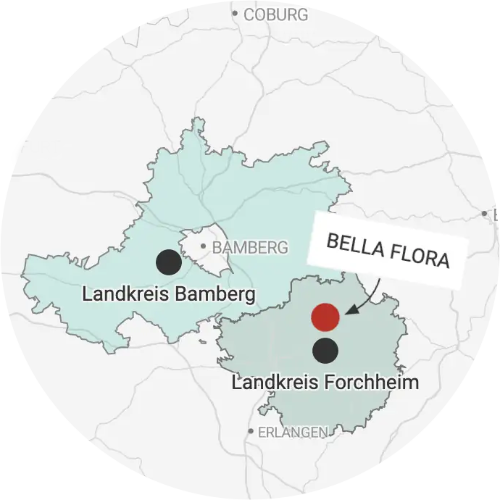 Grafische Karte des Einsatzgebiets von BELLA FLORA GmbH mit Landkreisen Bamberg und Forchheim für Garten- und Landschaftsbau in Streitberg von BELLA FLORA GmbH.