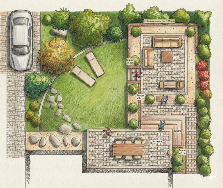 Handgezeichnete Gartenplanung mit Naturstein-Terrassen, Sitzbereichen und Rasenfläche, Garten- und Terrassenbau in Bamberg von BELLA FLORA GmbH.