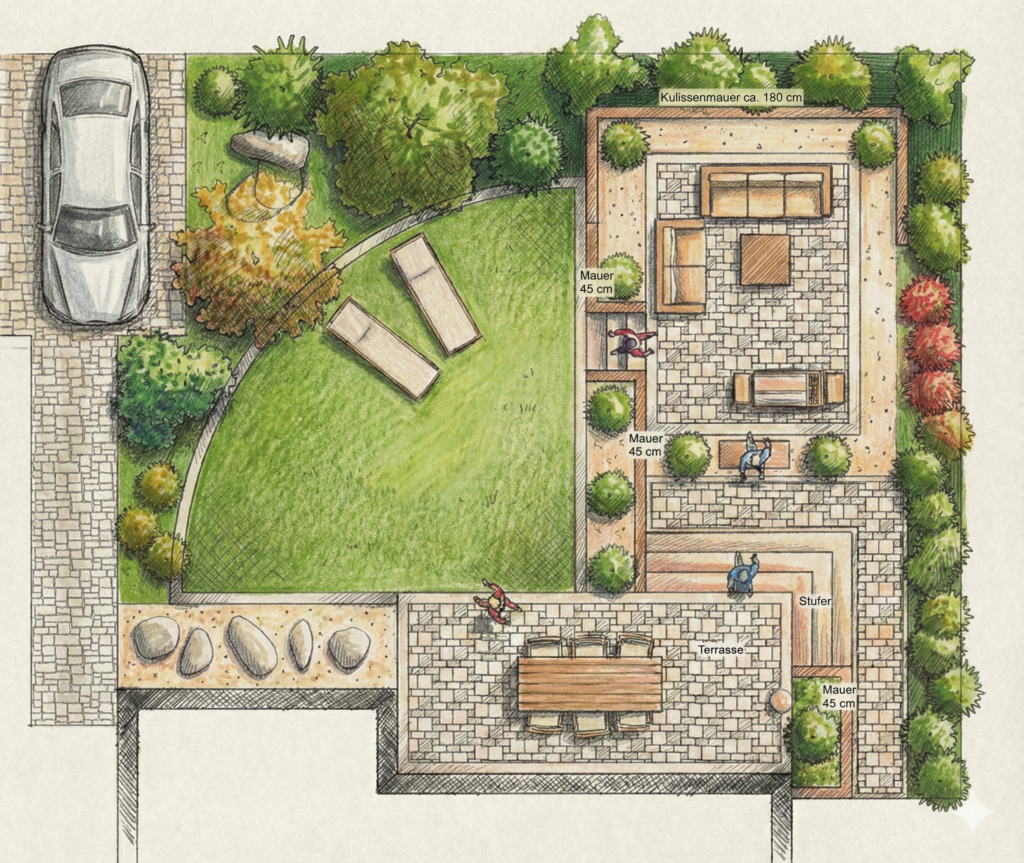Handgezeichnete Gartenplanung mit Naturstein-Terrassen, Sitzbereichen und Rasenfläche, Garten- und Terrassenbau in Bamberg von BELLA FLORA GmbH.