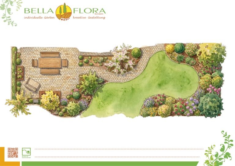 Handgezeichneter Gartenentwurf mit Naturstein-Terrasse, geschwungener Rasenfläche, Stauden- und Gehölzpflanzungen sowie Wegeführung zur Gartenplanung und Gartengestaltung in Bamberg von BELLA FLORA GmbH.