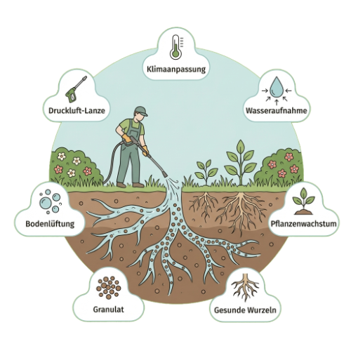 Grafische Darstellung der Bodeninjektion mit Druckluftlanze zur Bodenbelüftung, Wasseraufnahme und Förderung gesunder Wurzeln in Eggolsheim von BELLA FLORA GmbH.