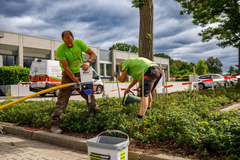 Bodeninjektion und Tiefenlockerung im Pflanz- und Baumstreifen mit Spezialgerät zur Bodenverbesserung im öffentlichen Grünbereich in Heroldsbach von BELLA FLORA GmbH.