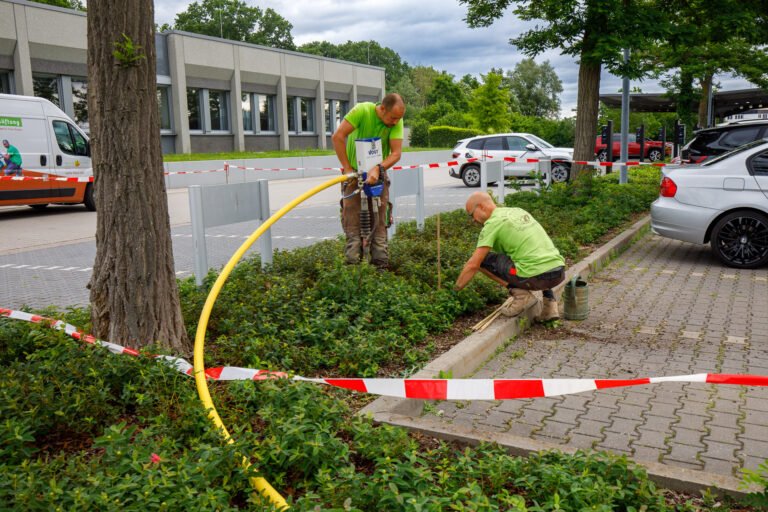 Bodeninjektion und Tiefenlockerung im Pflanz- und Baumstreifen mit Spezialgerät zur Bodenverbesserung im öffentlichen Grünbereich in Heroldsbach von BELLA FLORA GmbH.