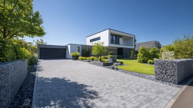 Moderne Hofeinfahrt mit großflächiger Pflasterung, Gabionen-Sichtschutz, Rasenfläche und klar strukturierter Vorgartengestaltung an einem Einfamilienhaus in Pettstadt von BELLA FLORA GmbH.