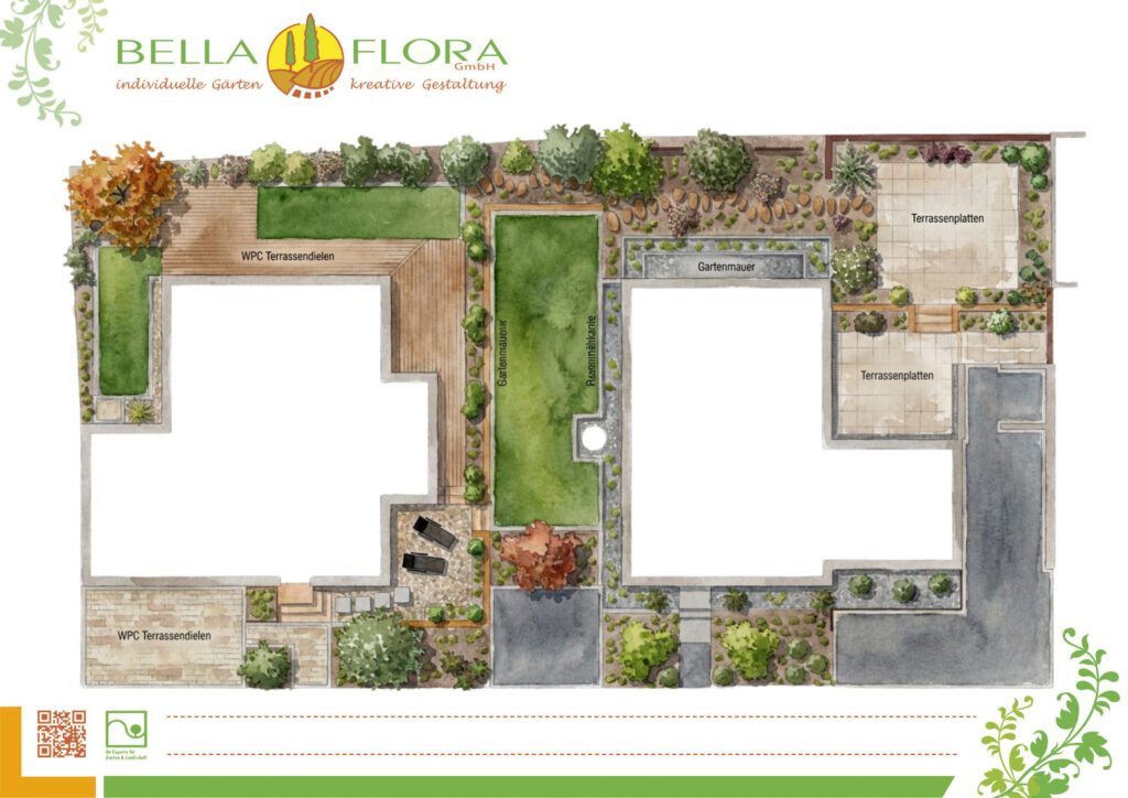 Handgezeichneter Garten- und Terrassenplan mit Rasenflächen, WPC-Terrassendielen, Natursteinmauern und Pflanzbeeten zur professionellen Gartengestaltung in Forchheim von BELLA FLORA GmbH.