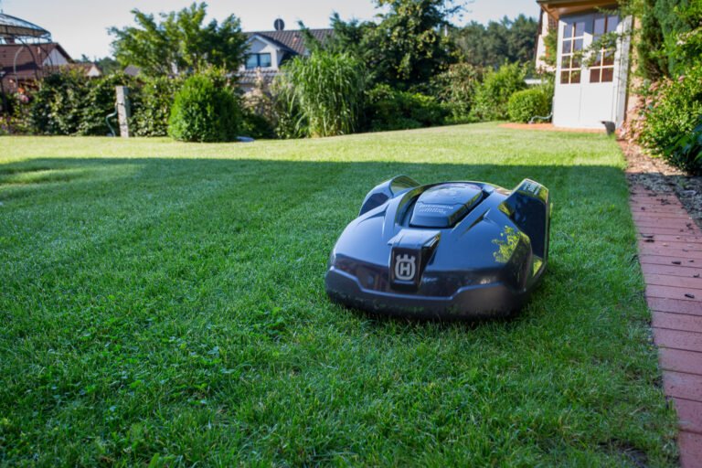 Mähroboter auf gepflegter Rasenfläche im Privatgarten, fachgerechte Rasenanlage und Gartenpflege in Forchheim von BELLA FLORA GmbH.