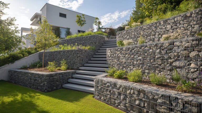 Terrassierte Gartenanlage mit Gabionen-Stützmauern, Betonblockstufen und moderner Hangbefestigung im Garten- und Landschaftsbau in Forchheim von BELLA FLORA GmbH.