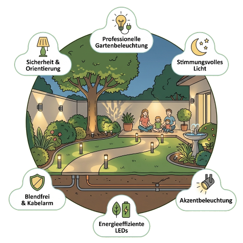 Illustration einer professionell beleuchteten Gartenanlage mit Wegleuchten, Akzentlicht und sicherer Elektroinstallation, Planung von Gartenbeleuchtung in Eggolsheim von BELLA FLORA GmbH.