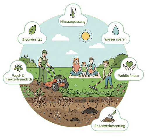 Illustration zur nachhaltigen Gartengestaltung mit Rasenpflege, Bodenverbesserung und Biodiversität in Ebermannstadt von BELLA FLORA GmbH.