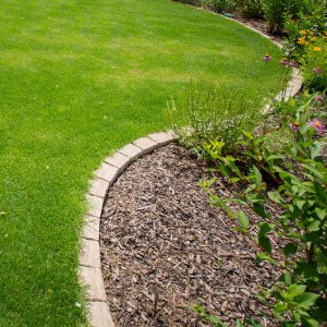 Geschwungene Rasenkante aus Betonsteinen mit angrenzendem Rasen und Rindenmulchbeet im Rahmen der Gartengestaltung in Forchheim von BELLA FLORA GmbH.