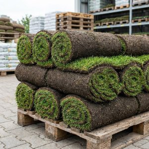 Gerollter Fertigrasen auf Paletten zur Neuanlage von Rasenflächen in der Fränkischen Schweiz von BELLA FLORA GmbH.