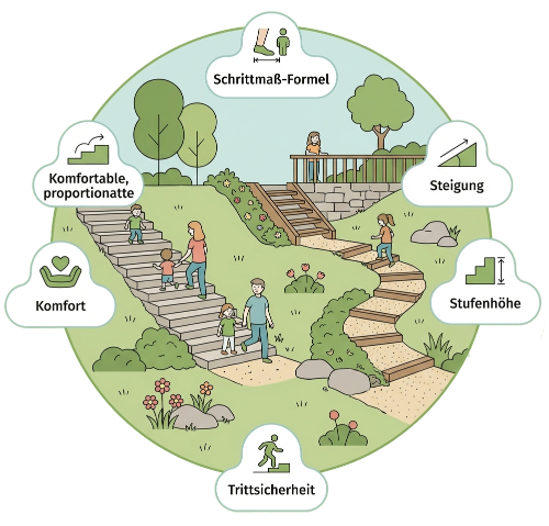 Illustration zur fachgerechten Planung von Gartentreppen mit optimaler Steigung und Trittsicherheit in Kirchehrenbach von BELLA FLORA GmbH.
