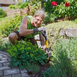 Manuelle Gartenpflege mit präzisem Gehölz- und Beetkanten-Schnitt entlang von Pflasterflächen, professionelle Gartenpflege in Reuth von BELLA FLORA GmbH.