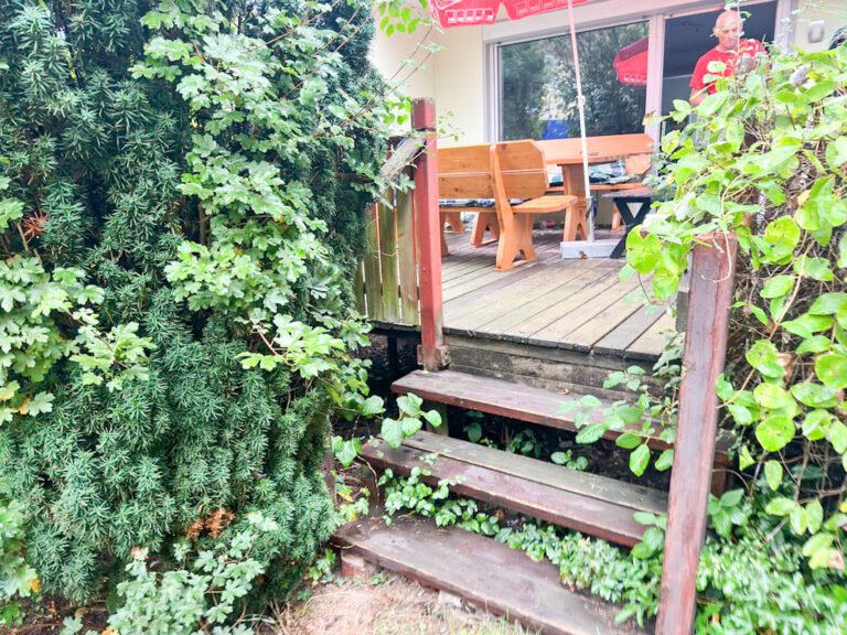 Bestehende Holzterrasse mit alter Holztreppe und überwucherter Bepflanzung am Wohnhaus vor dem Umbau, Garten anlegen und Terrassenrückbau in Weilersbach von BELLA FLORA GmbH.