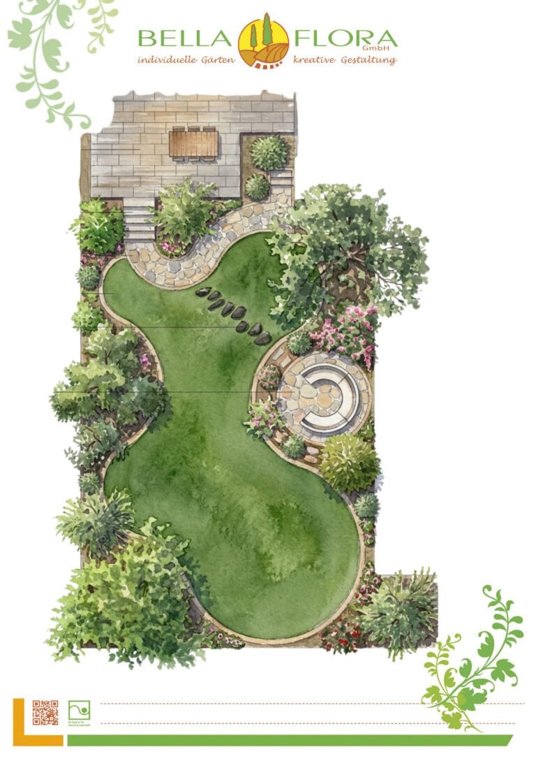 Handgezeichnete Gartenplanung mit Rasenfläche, Natursteinwegen, Terrasse und Sitzplatz zur Gartengestaltung in Weilersbach von BELLA FLORA GmbH.