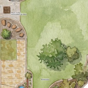 Detailausschnitt einer handgezeichneten Gartenplanung mit Rasenfläche, Bestandsbaum, Natursteinpflaster und organischer Beetführung zur Gartenplanung und Gartengestaltung in Ebermannstadt von BELLA FLORA GmbH.