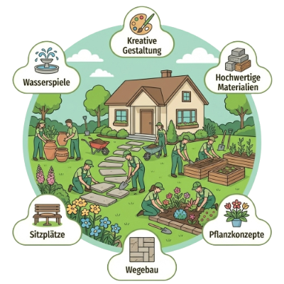 Illustrative Darstellung einer professionellen Gartenplanung mit Wegebau, Pflanzkonzepten, Wasserspielen und hochwertigen Materialien als Garten- und Landschaftsbau in Burk von BELLA FLORA GmbH.