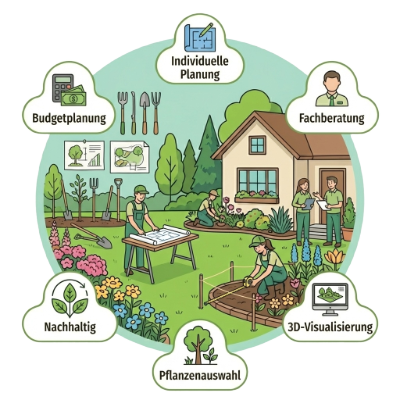 Illustrative Grafik zur Gartenplanung mit Beratung, Budgetplanung, Pflanzenauswahl, 3D-Visualisierung und nachhaltigem Konzept zur professionellen Gartenplanung in Streitberg von BELLA FLORA GmbH.