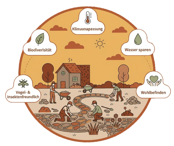 Grafische Illustration einer klimaangepassten und naturnahen Gartengestaltung mit Fokus auf Biodiversität, Wassersparen und Wohlbefinden, professionelle Gartenplanung und Landschaftsbau in Langensendelbach von BELLA FLORA GmbH.