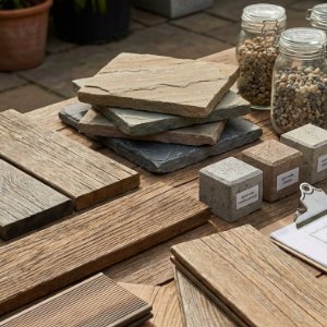 Materialmuster aus Holz, Natursteinplatten, Betonsteinen und Kies zur Materialberatung und Bemusterung im Garten- und Landschaftsbau in Hirschaid von BELLA FLORA GmbH.