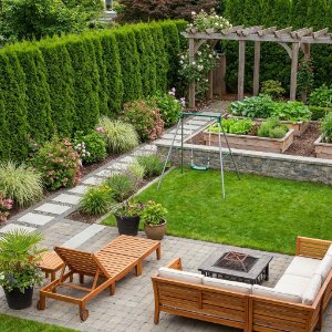 Moderner Privatgarten mit gepflasterter Terrasse, Rasenfläche, Hochbeeten, Pergola und strukturierter Bepflanzung zur Gartengestaltung und Terrassenbau in Forchheim von BELLA FLORA GmbH.