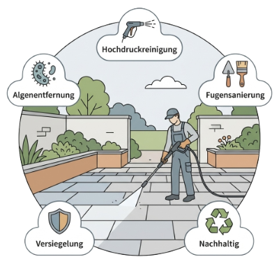 Grafische Darstellung zur Pflasterreinigung mit Hochdruckreinigung, Fugen- und Algensanierung, Pflaster reinigen in Effeltrich von BELLA FLORA GmbH.