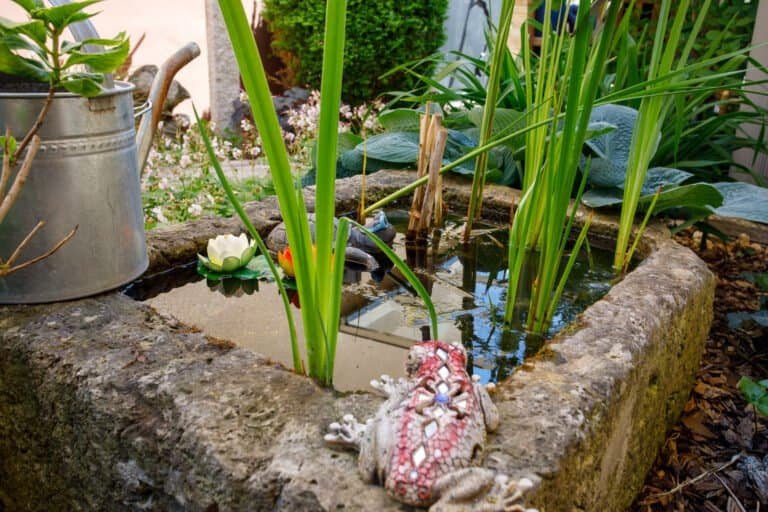 Quadratischer Naturstein-Wassertrog mit Wasserpflanzen und Staudenbeet als Gartengestaltung mit Wasserelement in Kersbach von BELLA FLORA GmbH.