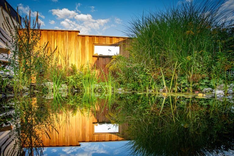 Moderner Naturteich mit dichter Uferbepflanzung vor Holzfassade als Teichbau und Gartengestaltung in Buckenhofen von BELLA FLORA GmbH.